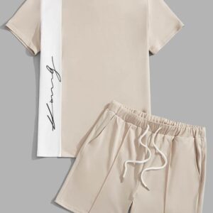 Men Letter Graphic Colourblock Tee & Drawstring Waist Shorts