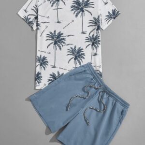 Men Palm Tree Letter Graphic Tee And Drawstring Waist Shorts
