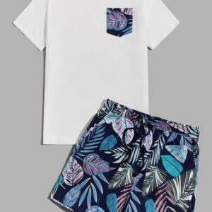 Men Pocket Front Tee &Tropical Print Shorts Set