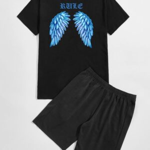 Men Wings Letter Graphic Tee & Track Shorts